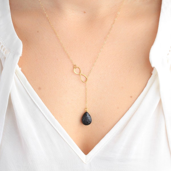 24k Lava Infinity Lariat, Lava Essential Oil Necklace Diffuser, Minimalist Teardrop Lava Bead Necklace, Modern Aromatherapy Jewelry