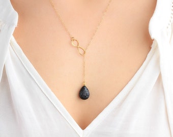 24k Gold Double Infinity Lariat, Essential Oil Necklace Diffuser, Minimalist Teardrop Lava Bead Necklace, Modern Aromatherapy Jewelry