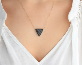 14K Gold Triangle Lava Necklace, Essential Oil Diffuser, Dainty Gold Filled, Clay Lava Bead, Minimalist, Modern Aromatherapy Jewelry
