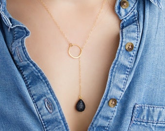 Lariat Lava Diffuser Necklace, Essential Oil Diffuser, Teardrop Lava Bead Necklace, Diffuse Necklace, Aromatherapy Jewelry, Gold