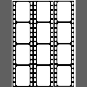 May include: A black and white film strip with twelve rectangular frames. The film strip has a series of small, evenly spaced holes along the edges. The background is a solid gray color.