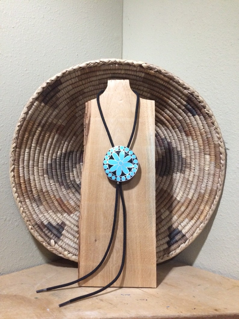 Hand painted Turquoise and silver gourd wood bolo tie ~unisex ~