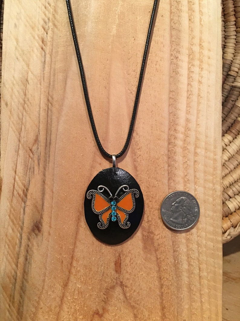 Metal Orange Rhinestone Butterfly focal set on black gourd wood pendant necklace