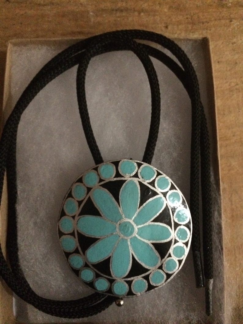Hand painted Turquoise and silver gourd wood bolo tie ~unisex ~