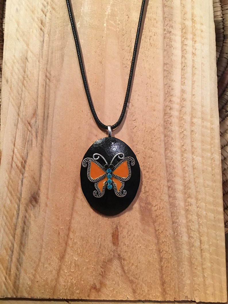 Metal Orange Rhinestone Butterfly focal set on black gourd wood pendant necklace