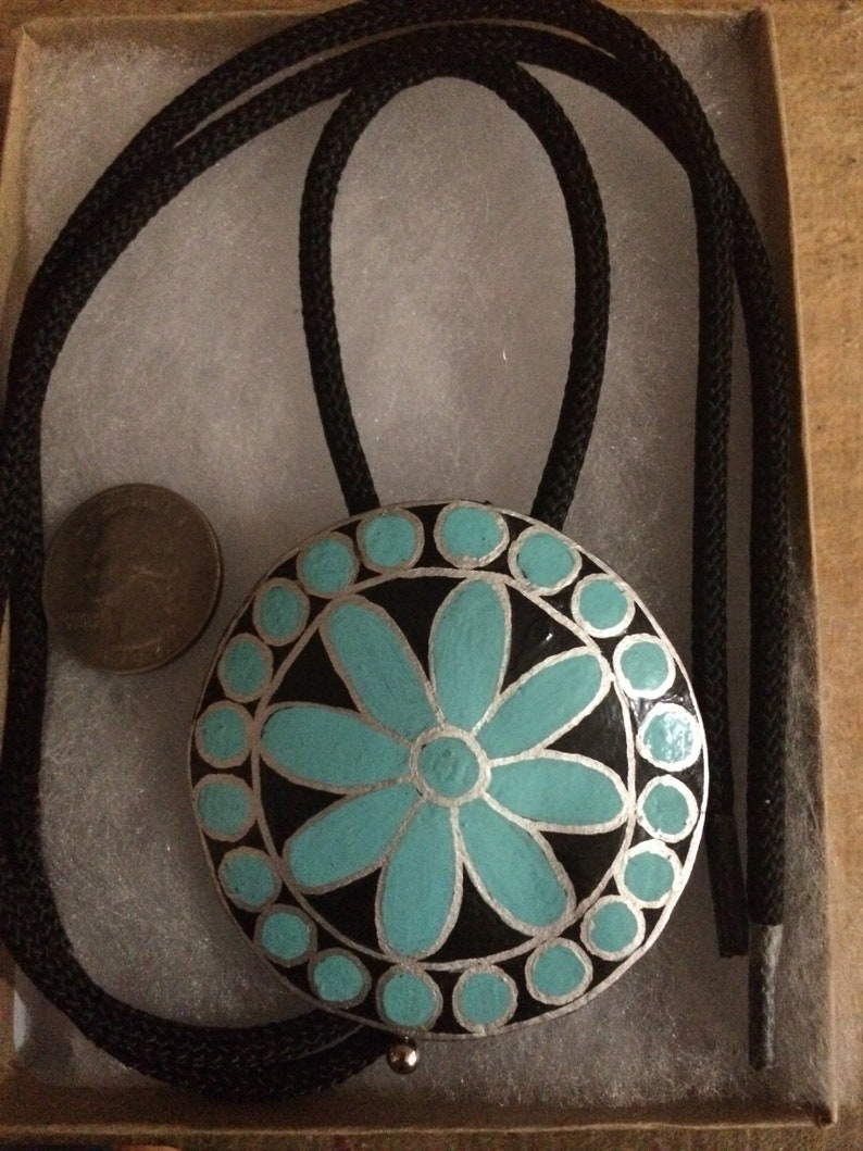 Hand painted Turquoise and silver gourd wood bolo tie ~unisex ~