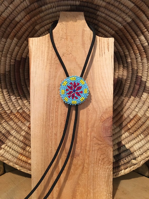Native American Seed Bead Pendant Bolo Tie Necklace