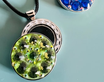 Golf Necklace with Crystal Golf Ball Marker Dark Blue or Green USA