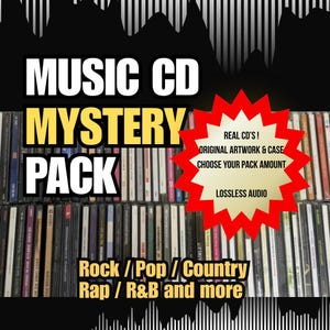 May include: A promotional image for a music CD mystery pack. The text reads "MUSIC CD MYSTERY PACK" in large white and yellow letters. Additional text includes "REAL CD'S!", "ORIGINAL ARTWORK & CASE", "CHOOSE YOUR PACK AMOUNT", and "LOSSLESS AUDIO". Genres include Rock, Pop, Country, Rap, and R&B.