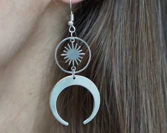 Celestial Sun and Moon earrings/ Crescent Moon Phase/ Boho Witchy Silver Plated, Silver Sun Charm Silver Earrings/ Silver Moon and Sun