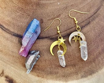 Moons and Sun Artificial Crystal in Gold/ Crescent Moon Phase/ Boho Witchy Earrings /Celestial Sun and Moon earrings/ Luna Earrings