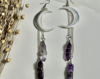 Genuine Healing Crystal Gemstone Chakra Point Silver Pendent Purple Amethyst Silver Moon Charm Earrings