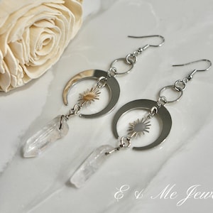 Moons and Sun Quartz Gemstone Crystal in Silver/ Crescent Moon Phase/ Boho Witchy Earrings /Celestial Sun and Moon earrings/ Luna Earrings