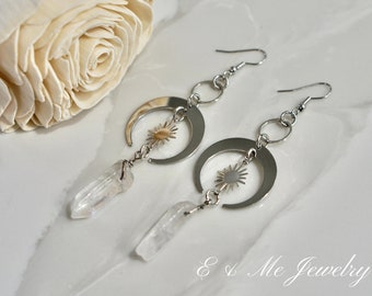 Moons and Sun Quartz Gemstone Crystal in Silver/ Crescent Moon Phase/ Boho Witchy Earrings /Celestial Sun and Moon earrings/ Luna Earrings