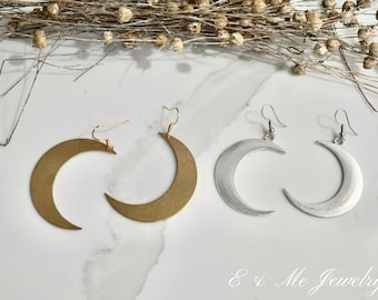 Large Moon earrings, silver and gold crescent luna earrings, Moon Charm Earrings