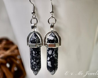 Genuine Healing Snowflake Obsidian Purity Gemstone Chakra Point Silver Pendent Dangle Earrings