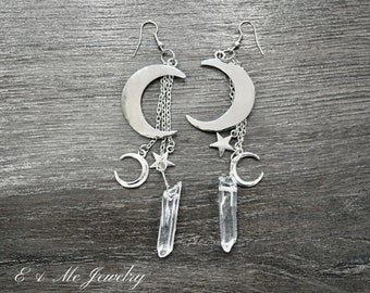 Moons and Star Artificial Crystal in Large Silver/ crescent luna earrings/ Moon Charm Earrings/ Star Charm Earrings