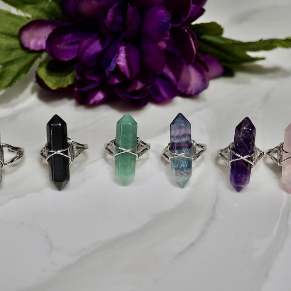 Gemstone Rainbow Fluorite/ Amethyst/ Rose Quartz/ Aventurine/ Hematite/ Dalmatian Jasper/ Malachite/ Hexagon/ Silver Twisted Wire Rings