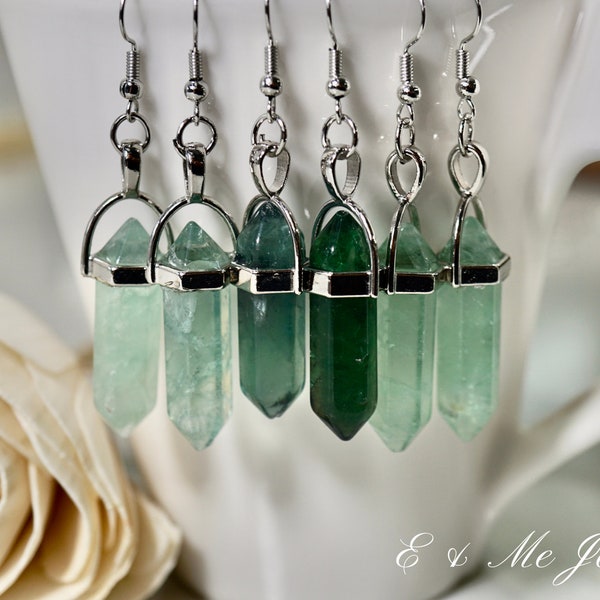 Genuine Healing Crystal Gemstone Chakra Point Silver Pendent Green Fluorite Earrings & Necklace