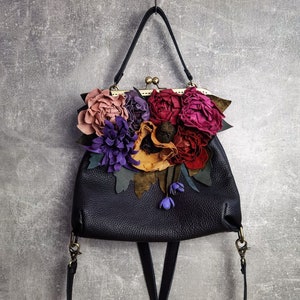 Kiss lock backpack,framed convertible bag,floral leather backpack,leather bag