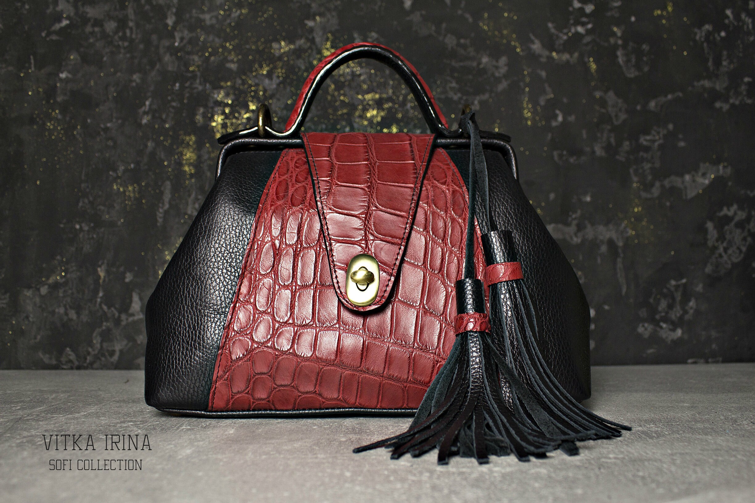 leather handbag carmine red and black doctor bag Etsy