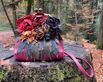 Leather flowers bag,kiss lock bag,crossbody bag