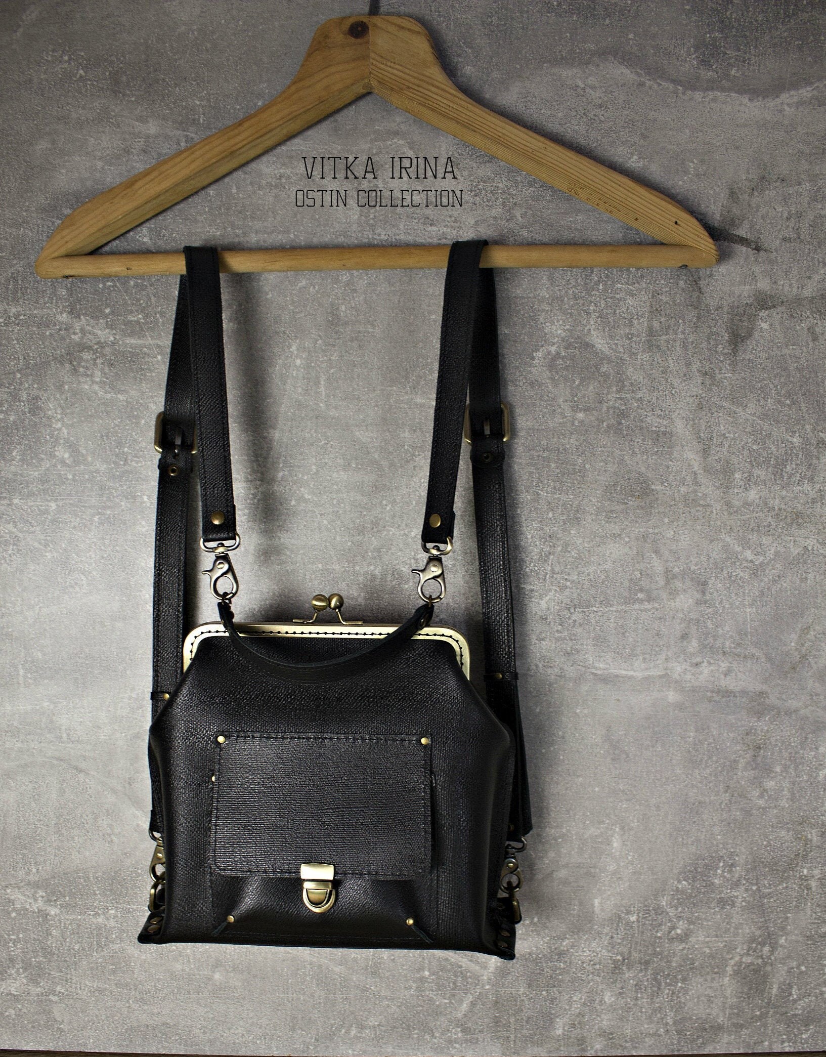 Kiss Lock Backpackframed Convertible Bagblack Leather Etsy