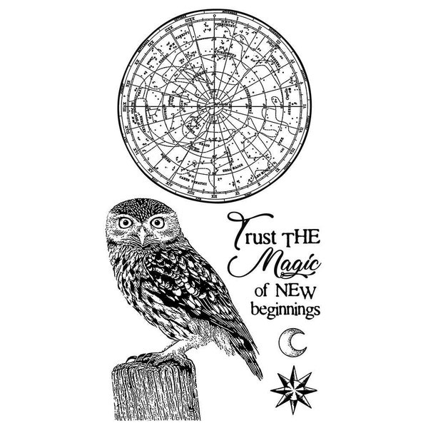 Owl rubber stamp set, Stamperia Cosmos, magic themed craft stamps