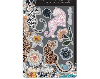 Big cat clear stamp set with exotic flowers and jungle plants for cardmaking, scrapbooking and papercrafts