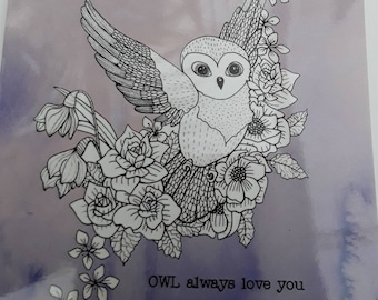 Owl rubber stamp, cute stamp set consisting of an owl stamp surrounded by pretty spring flowers and a quote stamp " owl always love you "