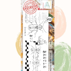 Puede incluir: Ilustración en blanco y negro de un escarabajo con la palabra "BUG" escrita encima. La ilustración se repite tres veces con un patrón de cuadros en el fondo. El texto "BEETLE" está escrito verticalmente en el lado derecho de la imagen. El texto "Designed by Tracy Evans for AALL & CREATE" está escrito debajo del patrón de cuadros.