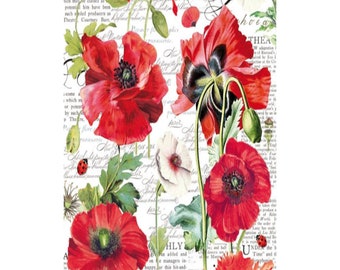 Red poppy and ladybird rice paper for cardmaking