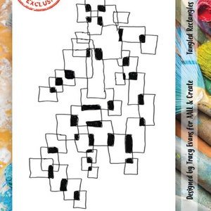 May include: Black and white line art design of overlapping squares, titled "Tangled Rectangles". This design is exclusive to AALL & CREATE and is numbered #303.