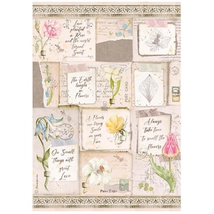 Papel de arroz con letras y flores de Stamperia para decoupage, upcycling y manualidades de papel.