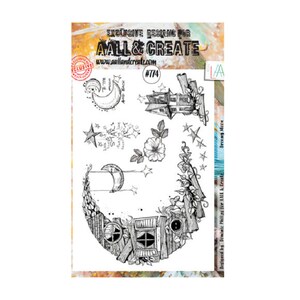 May include: A black and white illustration of a whimsical house with a crescent moon roof, surrounded by stars, flowers, and vines. The text "Dreaming Moon" is visible on the right side of the image. The text "Exclusive Designs for AALL & CREATE" is visible at the top of the image.