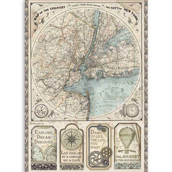 Steampunk New York, image de carte vintage sur papier de riz stamperia pour le découpage et l’upcycling