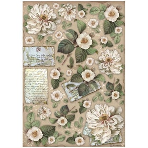 Papel de arroz A4 para decoupage, librería Vintage de Stamperia, flores y letras