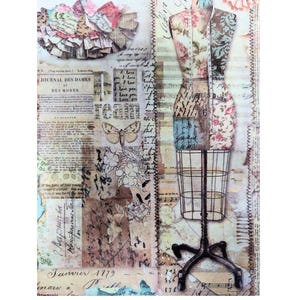 May include: A vintage-style image featuring a dress form made of fabric and wire, with a floral pattern. The background is a collage of old paper, music notes, and text in French. The text reads "Journal des Dames et des Modes".