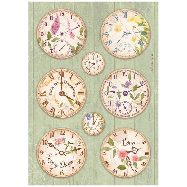 Decoupage de papel de arroz Stamperia hogar dulce hogar relojes florales con flores de primavera