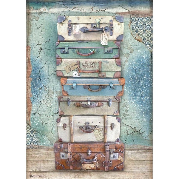 StamperiaA4 hoja de decoupage con maletas vintage, papel de arroz temático de viaje para decoupage y upcycling