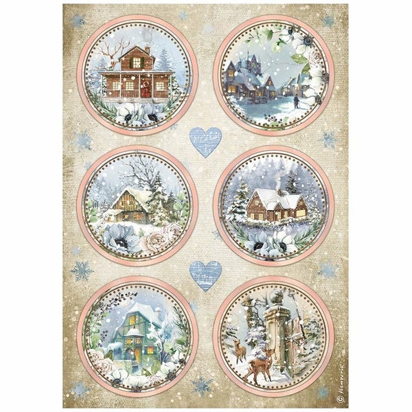 Découpage en papier de riz des maisons d’hiver par Stamperia, feuille de papier de découpage de la collection Romantic Cosy Winter