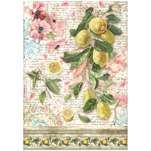 Papier de découpage Stamperia A4, papier de riz, citrons méditerranéens frais et fleurs de la collection Blue Dream