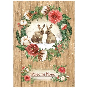 decoupage in carta di riso di Stamperia, foglio di carta per decoupage della collezione Romantic Home for the Holidays con simpatici coniglietti invernali