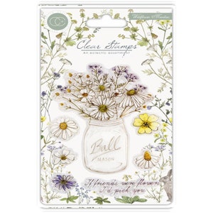 Carimbo para cartão em pote de vidro com buquê de flores silvestres em pote de vidro. Materiais para artesanato Cottagecore,