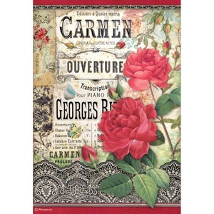 Papel artesanal para decoupage, papel de arroz para cubrir espacios en blanco y reciclar con rosas rojas y temática de ópera.