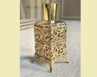 1960s Mid Century Ormolu Gold Gilt Filigree Encased Glass Perfume Vanity Bottle
