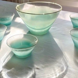 1960s Vintage MCM Blendo Ombre Blue Turquoise Fade Bowl Set, 7 Pieces, Gold Trim