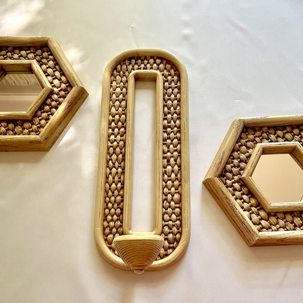 Set (3) Vintage Boho Homco Candle Sconce & Mirrors, Faux Basket Weave Resin 1976