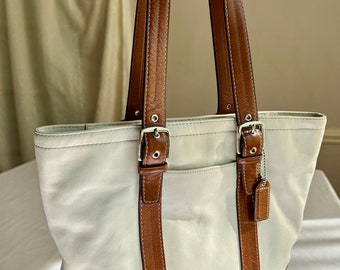 Pretty, Classic Coach Leather Hampton Handbag Purse Tote, with Hangtag, Equestrian Style Double Buckles, Nice White and Brown Leather, Clean