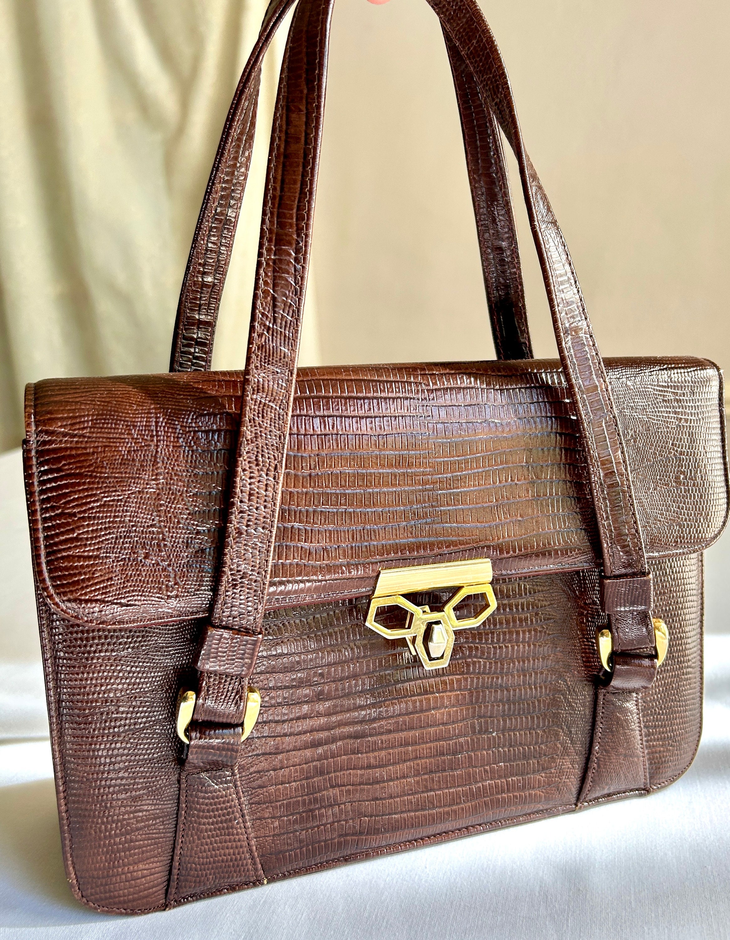 【archive】90s Gold-buckles Leather bag Vintage Dobbie Bags, Reptile Pattern Leather, Structured